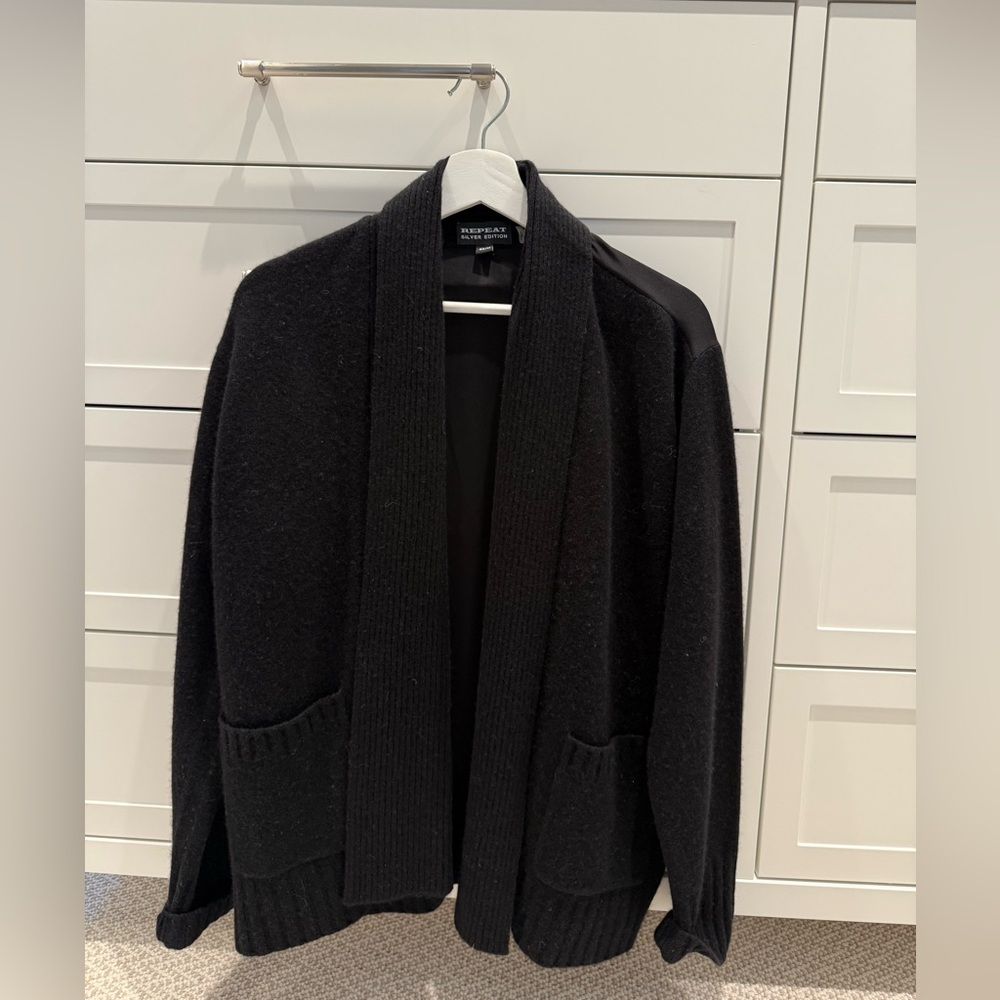 Repeat Black Open Front Cardigan- Silver Edition